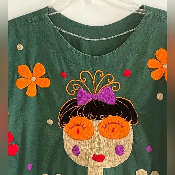 Mexican Embroidered Girl Doll Frida Kahlo Shirt Quirky Artsy Folk Art Plus Size - Picture 2 of 7